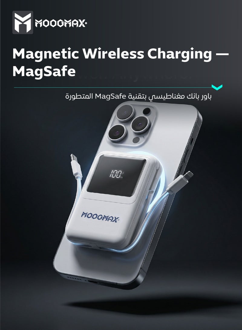 موجماكس باور بانك لاسلكي 10000 مللي امبير. شاحن متنقل صغير جدا بكيابل مدمجة (شاحن تايب سي& شاحن يو اس بي). باور بنك يدعم الشحن اللاسلكي ماج سيف. باور بانك مغناطيسي بقوة شحن سلكي 22.5 واط. بطاريه متنقله بشاشة رقمية. شاحن لاسلكي ايفون، سامسونج، هواوي، شومي وغيرها. - Image 3